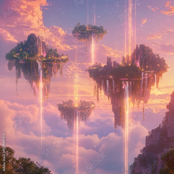 Fototapeta Fantasy landscape of floating islands with waterfalls and glowing light beams at sunset