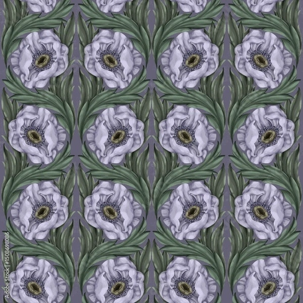 Fototapeta Seamless pattern with delicate lavender and grey anemones on a dark background. Elegant botanical print, perfect for fabric, wallpaper, digital paper, scrapbooking, or home decor