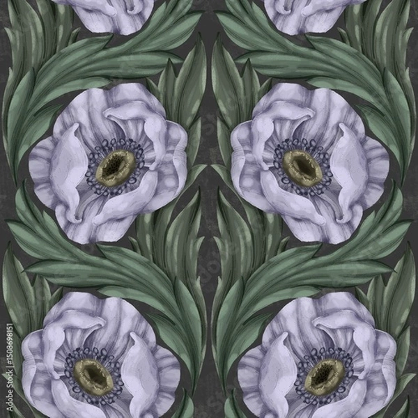 Fototapeta Seamless pattern with delicate lavender and grey anemones on a dark background. Elegant botanical print, perfect for fabric, wallpaper, digital paper, scrapbooking, or home decor