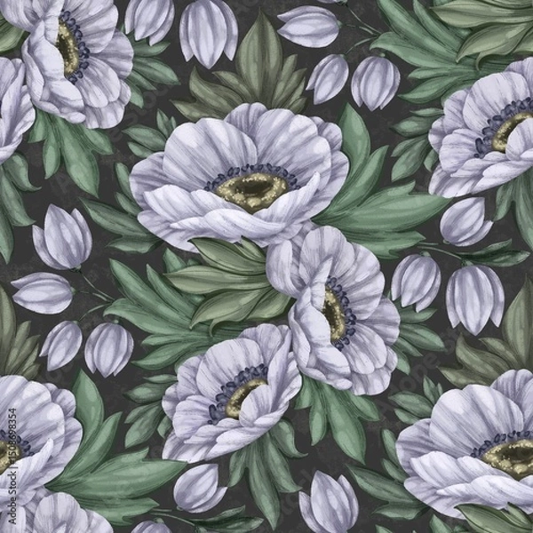 Fototapeta Seamless pattern with delicate lavender and grey anemones on a dark background. Elegant botanical print, perfect for fabric, wallpaper, digital paper, scrapbooking, or home decor