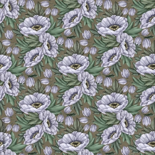 Fototapeta Seamless pattern with delicate lavender and grey anemones on a dark background. Elegant botanical print, perfect for fabric, wallpaper, digital paper, scrapbooking, or home decor