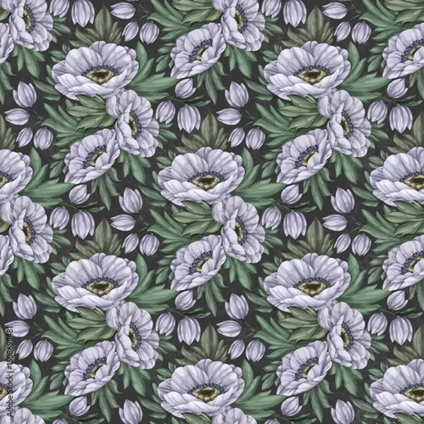 Fototapeta Seamless pattern with delicate lavender and grey anemones on a dark background. Elegant botanical print, perfect for fabric, wallpaper, digital paper, scrapbooking, or home decor
