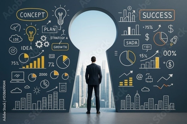 Fototapeta Businessman standing in front of keyhole-shaped opening with business strategy drawings on dark background, symbolizing success and growth concept.