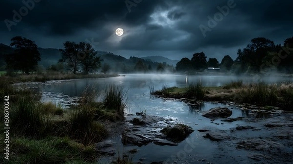 Obraz 달빛이 비추는 고요한 강가의 밤 AI 생성