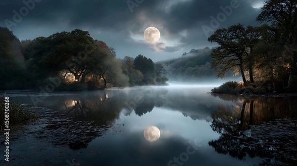 Obraz 안개 낀 호수 위 달빛 풍경 AI 생성