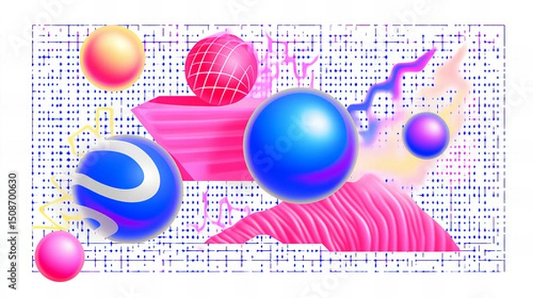 Obraz Colorful abstract compositions with geometric shapes, textures, and digital elements in vibrant pink, purple, blue, and yellow tones for creative design and artistic expression

