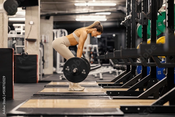 Fototapeta Side view of fit strong female bodybuilder lifting barbell in a gym.