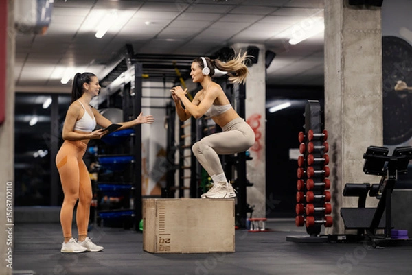 Fototapeta Agile sportswoman in shape is jumping on box at gym during her training with fitness instructor.