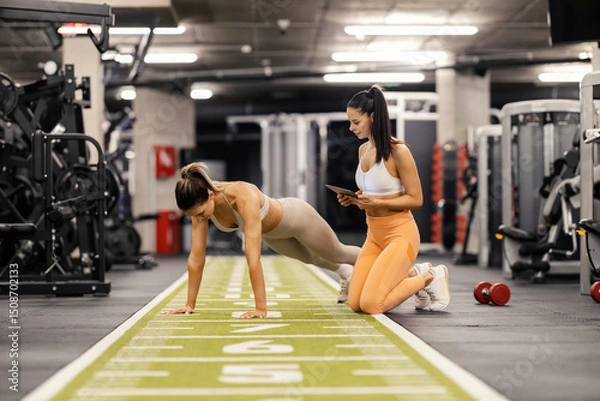 Fototapeta Fit sportswoman in shape is doing pushups at gym while her female personal trainer is watching her.