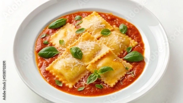 Obraz A close-up view presents four perfectly cooked "ravioli" or "homemade ravioli" squares, generously coated in a rich, vibrant red tomato sauce and garnished with fresh basil leaves