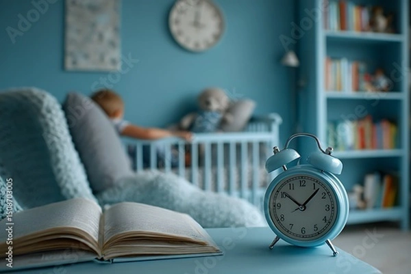 Obraz 유아 침실 속 파란 테마와 시계 디테일 AI 생성