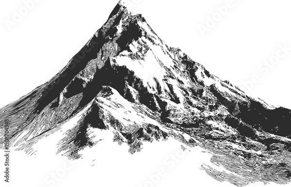 Fototapeta Black and white illustration of a majestic snowy mountain peak sketch. Vector illustration
