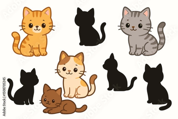 Fototapeta Adorable Cartoon Cat Vector Set with Illustrations and Silhouettes - Cute Kawaii Ginger, Grey, Brown Kittens Graphics Collection for Children and Pet Lovers, Isolated Design Elements.
