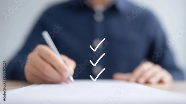 Obraz 수직 정렬된 체크 아이콘과 필기하는 남성 손 AI 생성