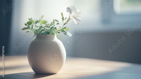 Fototapeta Closeup of cozy vase with petunia flowers, summer vibes