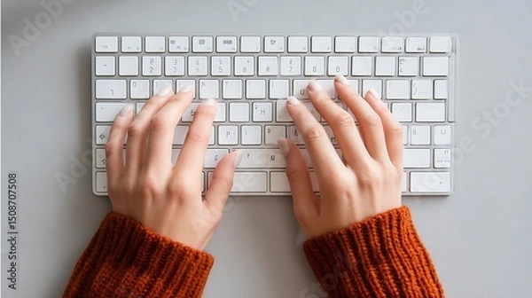 Obraz 갈색 니트 손이 키보드를 입력하는 일상 장면 AI 생성