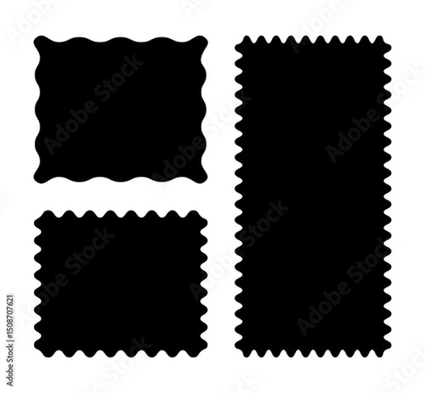 Obraz Simple rectangular patterns with squiggly borders. Wave curve edge flat frames. Trendy black tags, empty text boxes, labels, stamps, crackers, coupons with curvy, squiggly, wiggly, wavy edges.