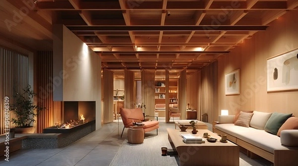 Obraz 일본식 모던 우드 스타일 거실 인테리어 AI 생성