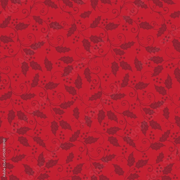 Obraz Seamless Christmas Holly Leaves With Swirls On Red Background For Gift Wrap And Fabric Print