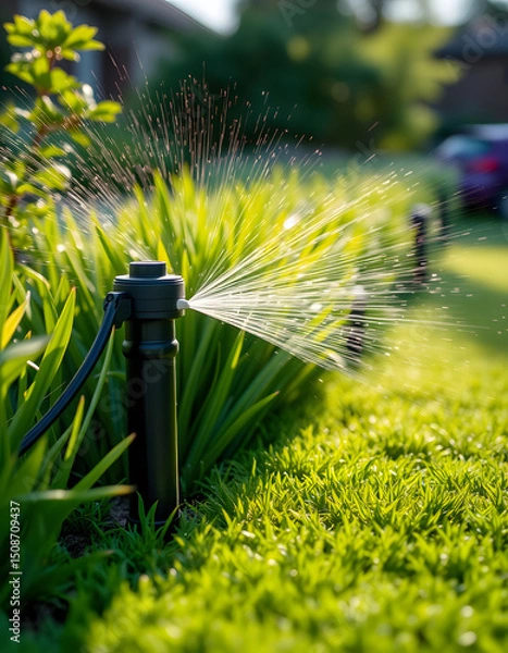 Fototapeta Effortless automated lawn irrigation systems, smooth light. with white shades