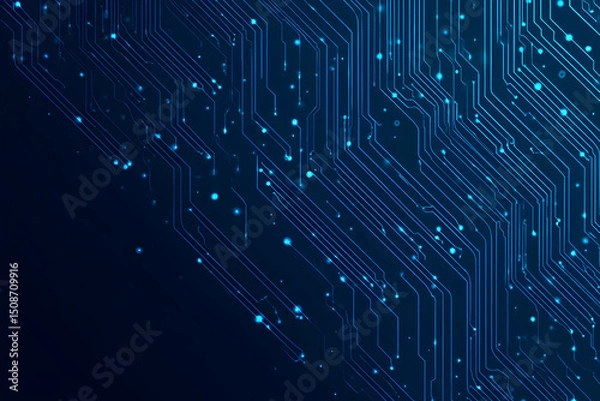 Obraz Futuristic blue wires on a circuit board on a dark technological background. Thin lines and dots. Great for web banners and presentations. Tech bg. Digital navy pattern. Big data and AI innovations