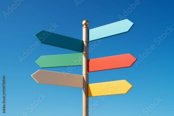 Fototapeta Colorful blank directional signpost with six arrows on clear blue sky background for concept, branding, template, or creative poster design use.