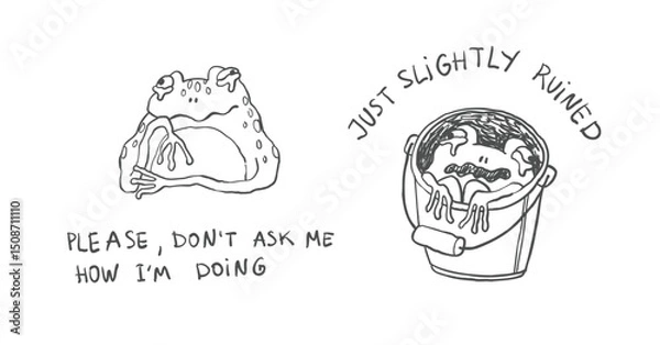 Obraz Sad Frog Lineart Sketch – Funny Crying Frogs Hand Drawn Illustration for Memes, Tattoos, Stickers and Quirky Prints