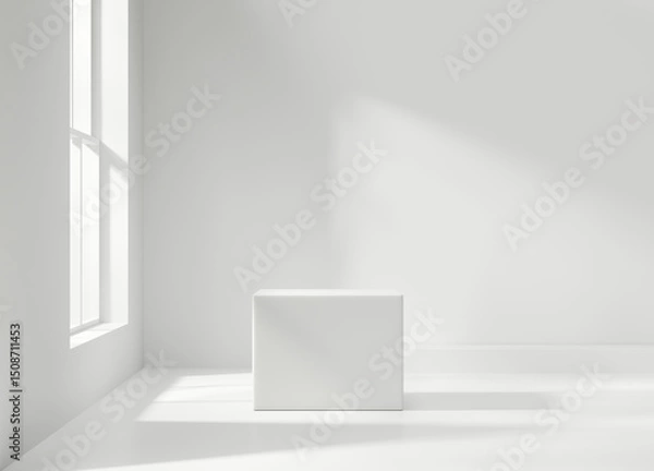 Fototapeta Minimal Modern White Podium Platform For Product Display Showcase 3D Rendering With Window	
