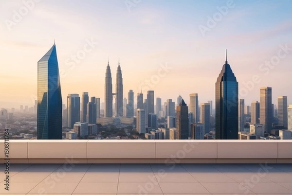 Fototapeta Rooftop terrace with modern city skyline at sunrise, featuring tall glass skyscrapers and soft light in clean urban background for copy space mockup.