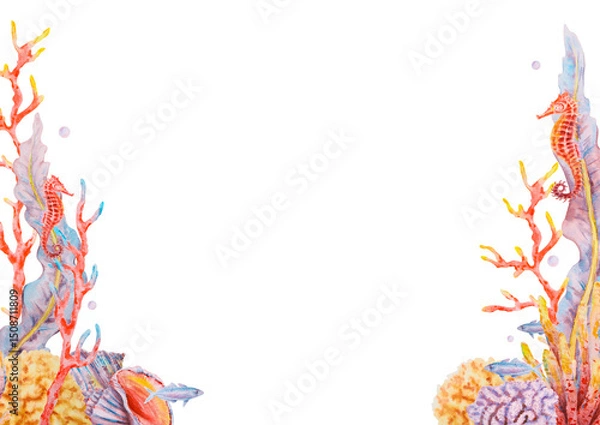 Fototapeta Watercolor frame with coral reef elements, fish, seaweed, seahorses, and seashells. Marine border illustration with space for text, ideal for invitations, labels, or summer designs.