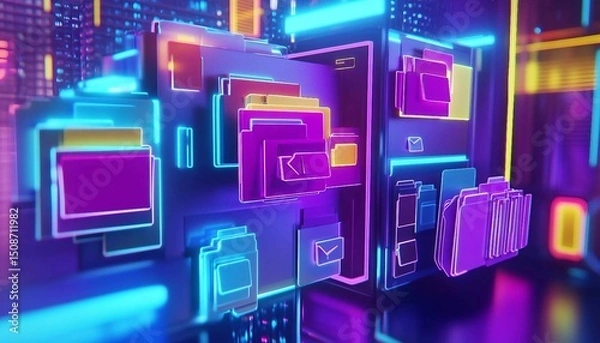Obraz AI-Driven Document Organization in Tech Hub, A vibrant tech hub with an AI-driven document organization system,