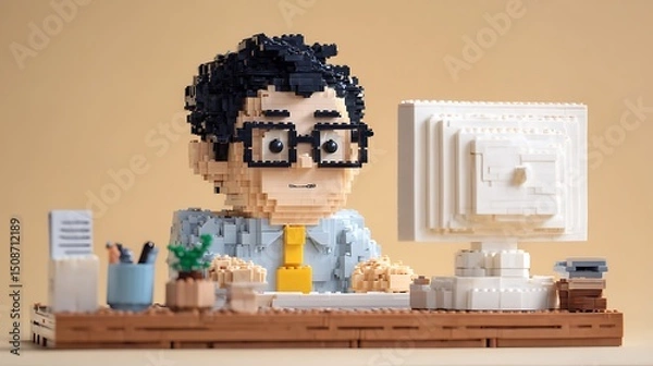 Obraz 책상 앞에서 작업하는 귀여운 레고 캐릭터 장면 AI 생성