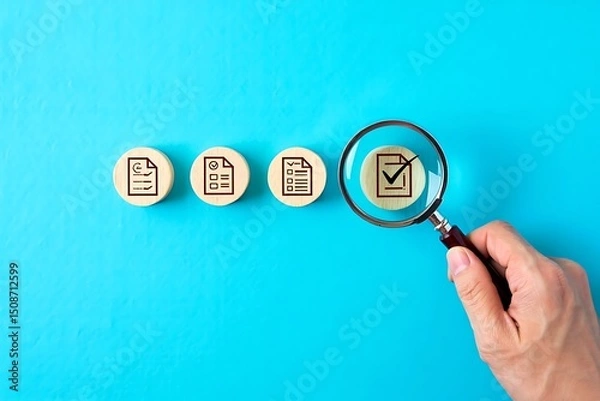 Fototapeta Magnifying Glass Highlighting Completed Task Icon on Wooden Block – Concept of Quality Control, Task Prioritization, Project Management, and Performance Review