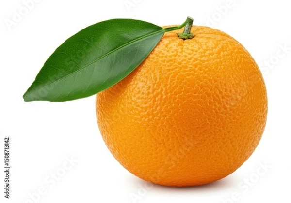 Obraz Single orange with a green leaf isolated on white background, close up