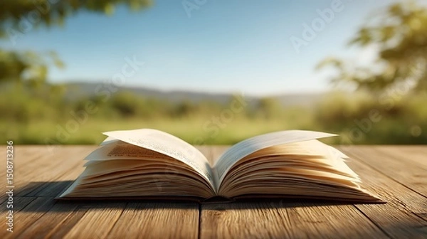 Obraz 야외 테이블 위 펼쳐진 책과 초여름 햇살 AI 생성