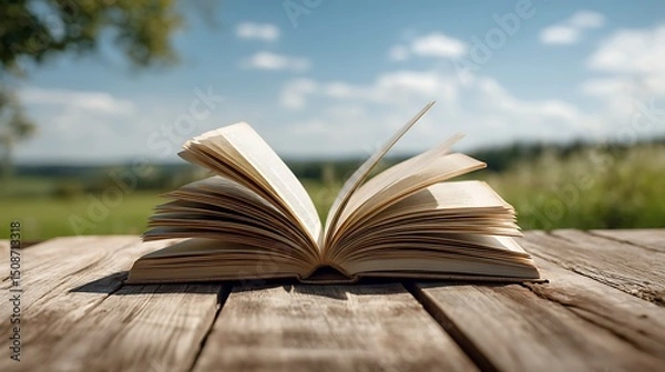 Obraz 펼쳐진 책과 맑은 하늘 아래 자연의 정취 AI 생성
