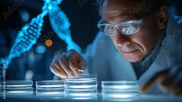 Obraz Scientist Analyzing Petri Dishes in Laboratory with DNA Strand Display