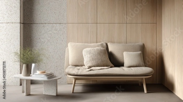 Fototapeta Light beige sofa and small coffee table in a modern living room.