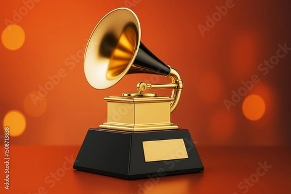 Fototapeta Golden gramophone music award trophy on red background with glowing light circles, representing musical achievement and celebration.