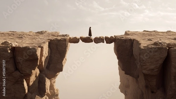Obraz Person Standing on Stone Bridge Over Vast Chasm in Desert Landscape