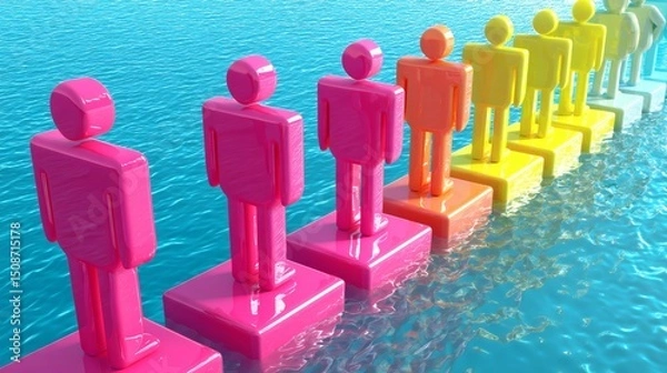 Obraz Colorful Plastic Figures Standing in Water Representing Diversity and Unity
