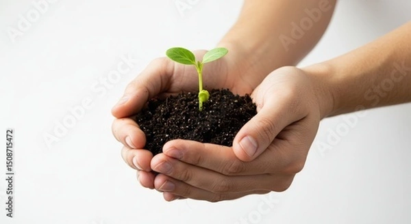 Fototapeta Hands holding soil with small sprout