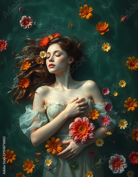 Fototapeta ethereal portrait of a dreamy maiden resembling Ophelia, submerged in shimmering water amidst vibrant drifting blossoms. with white shades