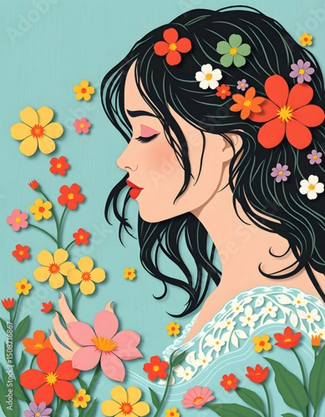 Fototapeta ethereal painting of a maiden resembling Ophelia lost in a dream amid vibrant floating blossoms on water, flat papercut style. with white shades