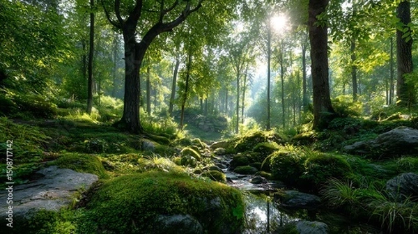 Obraz 싱그러운 숲속 계곡과 햇살 AI 생성