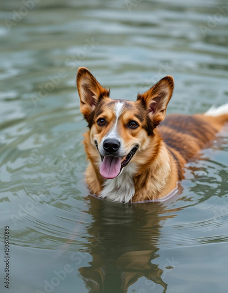 Fototapeta playful pup splashing in the waves, colorful. with white shades