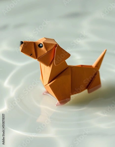 Fototapeta playful pup splashing in the waves, origami. with white shades