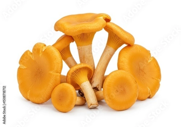 Fototapeta Pile of golden chanterelle mushrooms on a white background