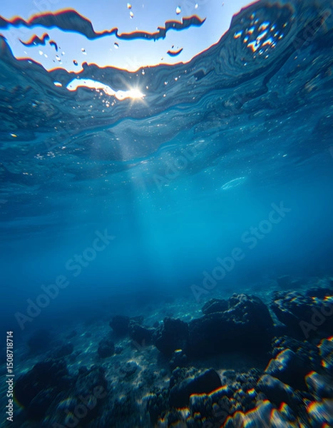 Fototapeta Sunlit ocean floor with shimmering rays through crystal-clear water and scattered seabed rocks., dramatic. with white shades