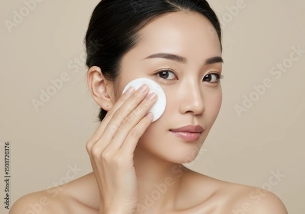 Fototapeta Asian woman cleans face with cotton pad for skincare routine on neutral background